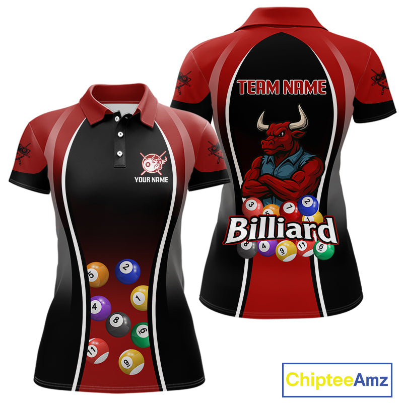 Red Funny Bull Pool Balls Women Billiard Polo & 1/4-Zip Apparel Custom Billiard Shirt Designs NYN2408