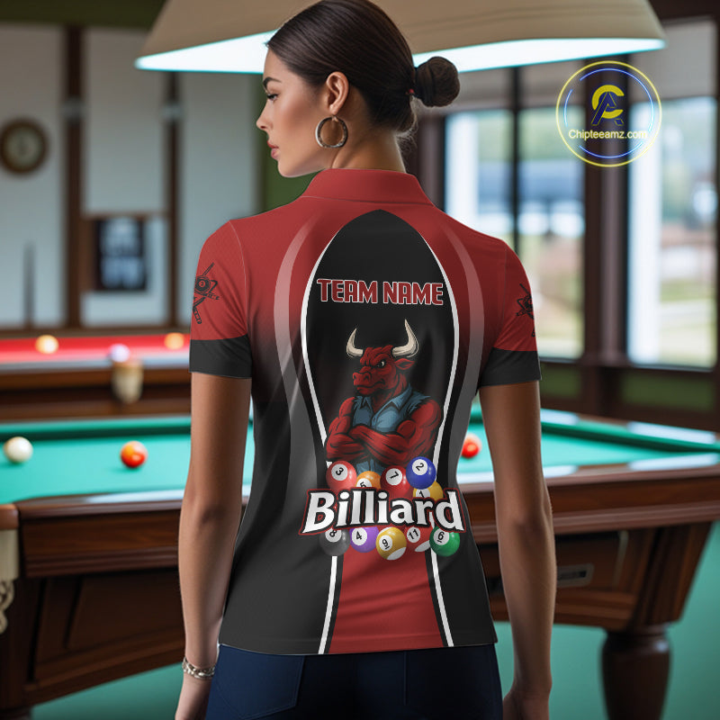 Red Funny Bull Pool Balls Women Billiard Polo & 1/4-Zip Apparel Custom Billiard Shirt Designs NYN2408