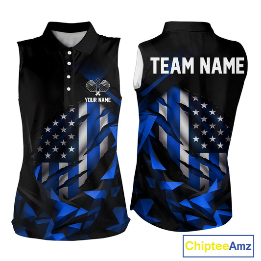 Custom Black And Blue Patriotic Pickleball Sleeveless Polo Shirts For Women US Flag Pickleball Team Jerseys NYN2782