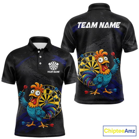 Colorful Rooster Funny Men Darts Polo & 1/4-Zip Shirt Custom Grunge Blue Dart Attire For Darters NYN3004
