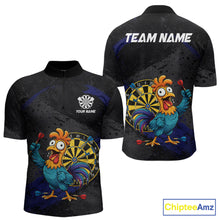 Load image into Gallery viewer, Colorful Rooster Funny Men Darts Polo &amp; 1/4-Zip Shirt Custom Grunge Blue Dart Attire For Darters NYN3004