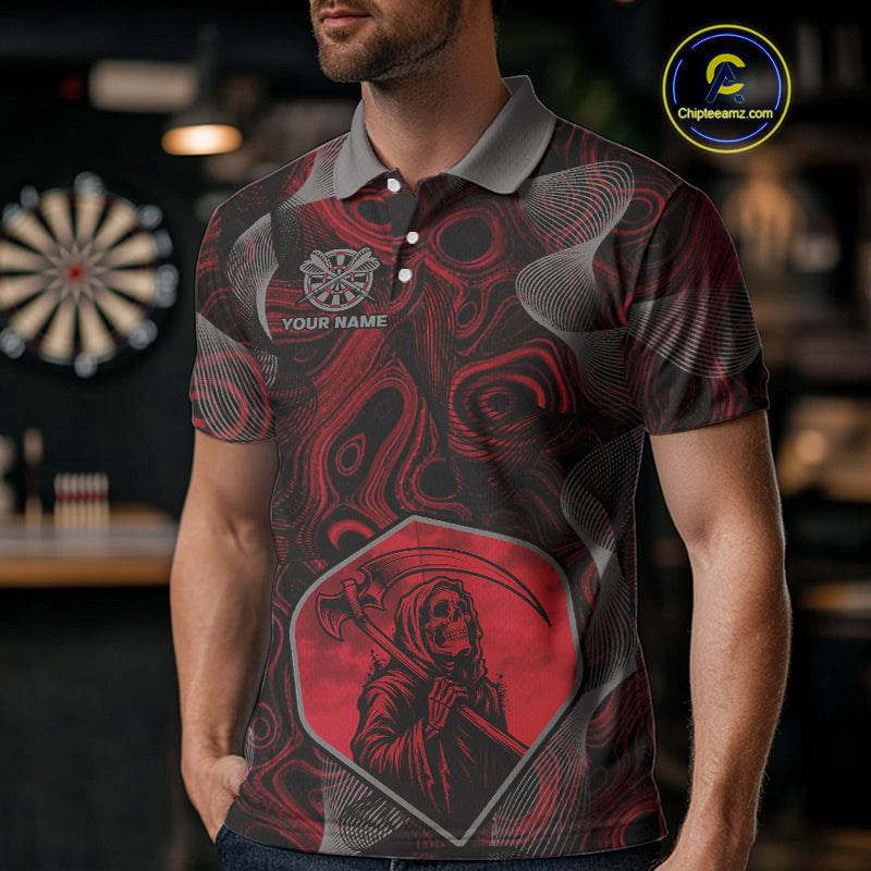 Grim Reaper Darts Flight & Red Swirl Men's Darts Team Shirt Custom Name For Players NYN0460