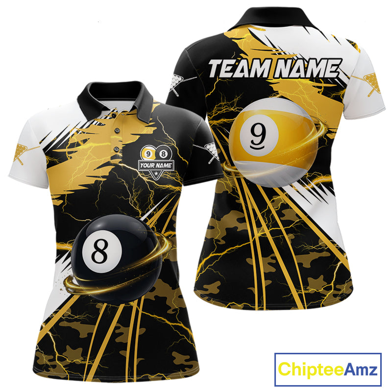 Yellow Lightning 8 Ball 9 Ball Pool Shirt For Women Custom Camo Billiard Team Jersey