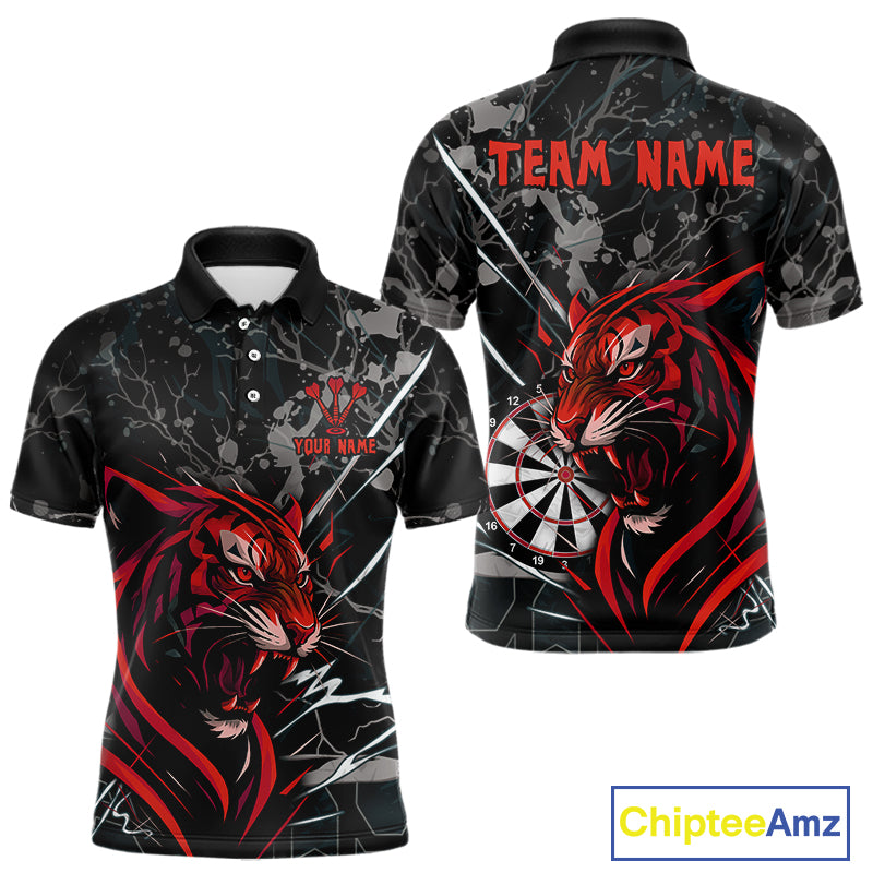 Custom Men's Darts Polo Shirt Fierce Tiger & Dartboard - Personalized Name & Team NYN0711