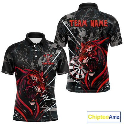 Custom Men's Darts Polo Shirt Fierce Tiger & Dartboard - Personalized Name & Team NYN0711
