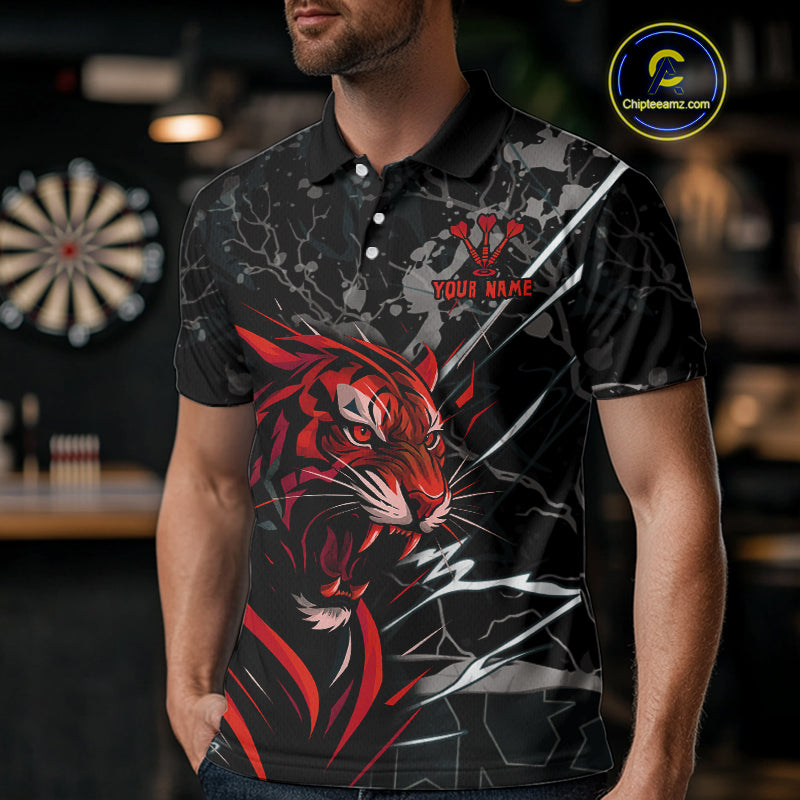 Custom Men's Darts Polo Shirt Fierce Tiger & Dartboard - Personalized Name & Team NYN0711