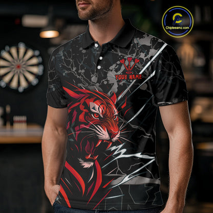 Custom Men's Darts Polo Shirt Fierce Tiger & Dartboard - Personalized Name & Team NYN0711