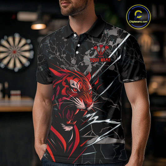 Custom Men's Darts Polo Shirt Fierce Tiger & Dartboard - Personalized Name & Team NYN0711