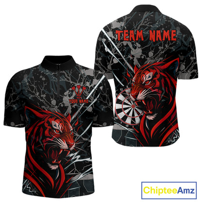 Custom Men's Darts Quarter-zip Shirt Fierce Tiger & Dartboard - Personalized Name & Team NYN0711