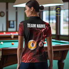 Load image into Gallery viewer, Female model wearing Thunder Lightning Red women's pool polo, custom billiard tournament jersey, cue sport apparel, league team outfit, gift for pool players