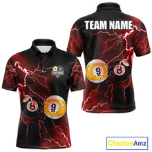 Load image into Gallery viewer, Thunder Lightning Red men's 8 Ball 9 Ball pool polo jersey, custom billiards team shirt, cue sport league apparel, bar league uniform, personalized tournament polo