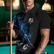Load image into Gallery viewer, Male model wearing Funny Shark Blue pool polo jersey, custom billiard apparel, 8 Ball 9 Ball cue sports shirt, bar league championship uniform