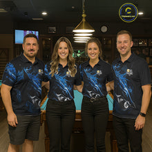 Load image into Gallery viewer, Funny Shark custom billiard team jerseys with 8 Ball 9 Ball artwork, matching pool league uniforms, cue sports apparel, championship tournament shirts