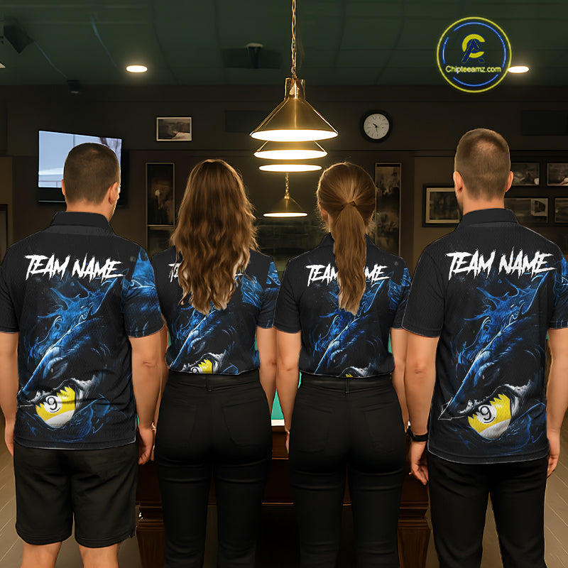 Funny Shark custom billiard team jerseys with 8 Ball 9 Ball artwork, matching pool league uniforms, cue sports apparel, championship tournament shirts
