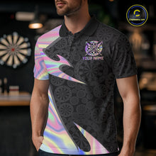 Load image into Gallery viewer, Male model wearing Pink Holographic darts polo, custom tournament jersey, premium darts league apparel, modern iridescent sportswear, personalized team clothing