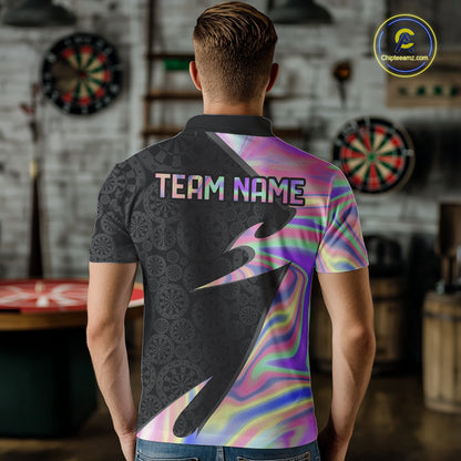 Male model wearing Pink Holographic darts polo, custom tournament jersey, premium darts league apparel, modern iridescent sportswear, personalized team clothing