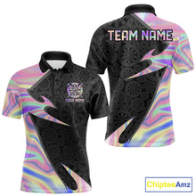 Load image into Gallery viewer, Pink Holographic dartboard men's darts polo with black base, custom league jersey, personalized tournament apparel, premium darts team clothing, holographic sportswear