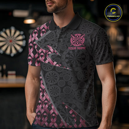 Male model wearing Black & Pink Ribbon Grunge darts polo, personalized charity tournament jersey, awareness darts apparel, vintage athletic clothing, league performance shirt