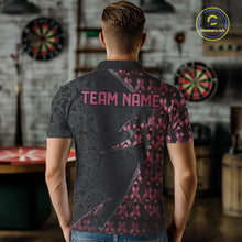 Load image into Gallery viewer, Male model wearing Black &amp; Pink Ribbon Grunge darts polo, personalized charity tournament jersey, awareness darts apparel, vintage athletic clothing, league performance shirt
