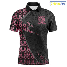 Load image into Gallery viewer, Black &amp; Pink Ribbon Grunge men's darts polo with vintage distressed graphics, personalized darts league jersey, custom tournament apparel, awareness team shirt, premium sportswear