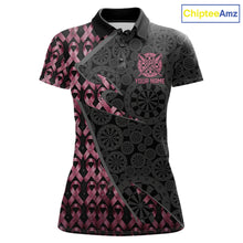 Load image into Gallery viewer, Black &amp; Pink Ribbon Grunge women's darts polo featuring distressed artwork, custom darts tournament jersey, awareness league apparel, personalized team uniform, edgy athletic performance clothing