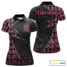 Load image into Gallery viewer, Black &amp; Pink Ribbon Grunge women's darts polo featuring distressed artwork, custom darts tournament jersey, awareness league apparel, personalized team uniform, edgy athletic performance clothing