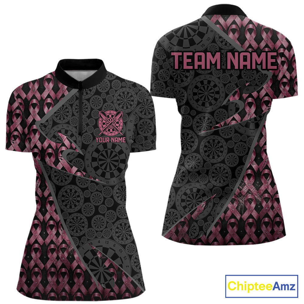 Women's Black & Pink Ribbon Grunge quarter-zip darts jersey, personalized awareness tournament apparel, custom dart league clothing, grunge athletic performance uniform