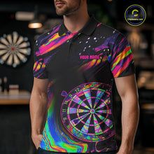 Load image into Gallery viewer, Male model wearing Psychedelic US Flag darts polo, colorful tournament jersey, patriotic athletic apparel, personalized championship sportswear