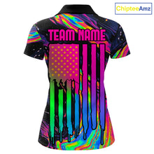 Load image into Gallery viewer, Psychedelic Holographic US Flag women's darts polo featuring colorful dartboard artwork, custom tournament jersey, patriotic league apparel, vibrant performance sportswear