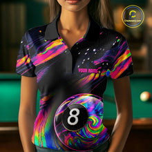 Load image into Gallery viewer, Female model wearing colorful holographic pool polo, personalized billiard jersey, cue sports team apparel, league championship clothing