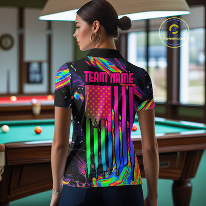 Female model wearing colorful holographic pool polo, personalized billiard jersey, cue sports team apparel, league championship clothing