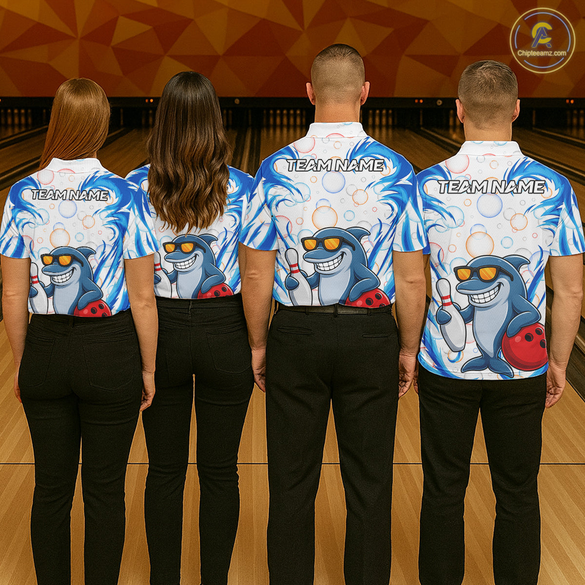 White & Blue Bubbles Funny Dolphin Bowling Polo Quarter-Zip Shirt For Women Custom Bowling Team Shirt NYN3975