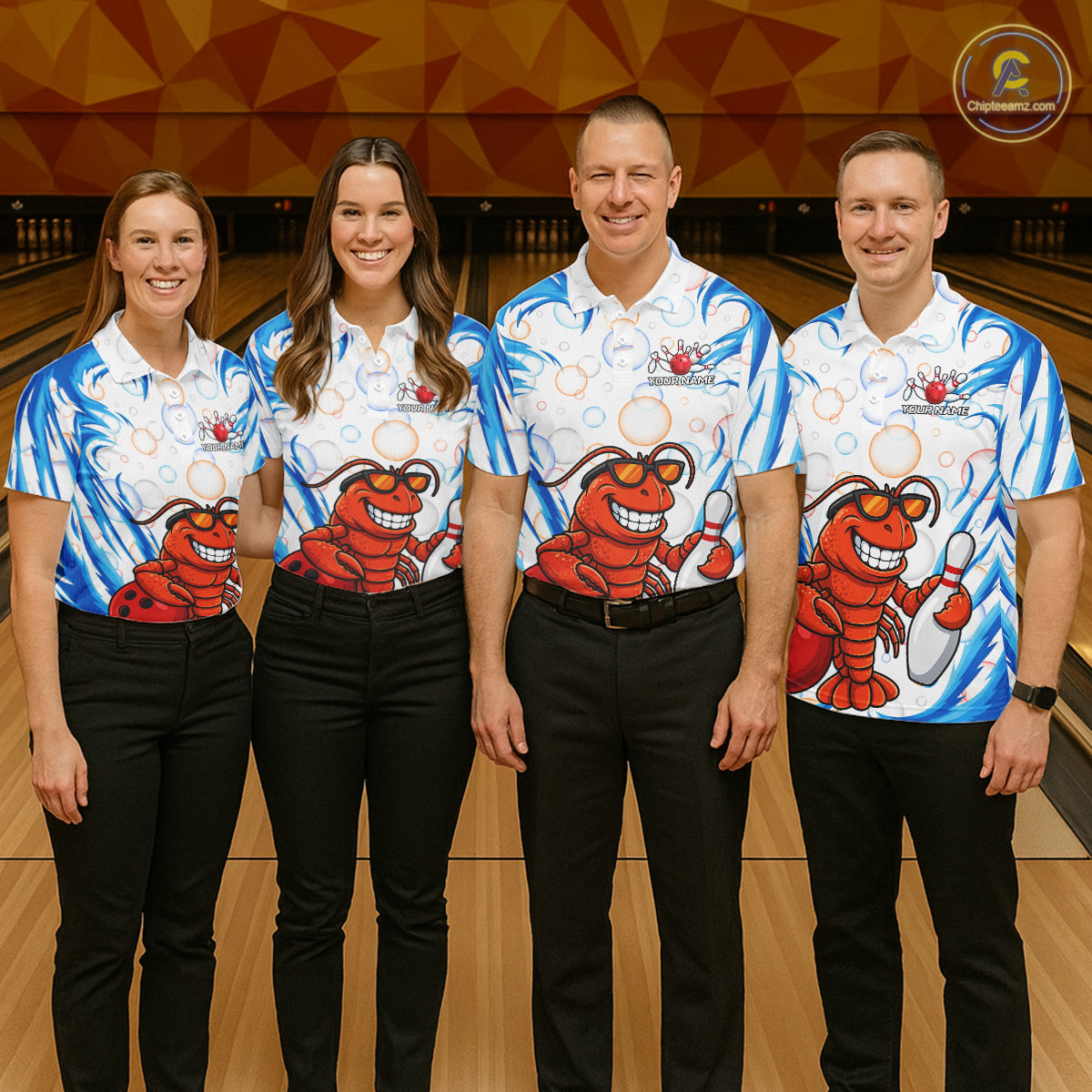 White & Blue Bubbles Funny Lobster Bowling Polo Quarter-Zip Shirt For Women Custom Bowling Team Shirt NYN3976
