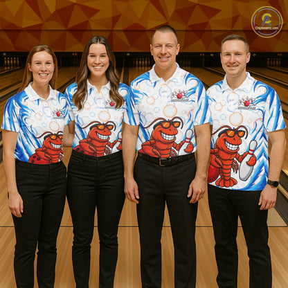White & Blue Bubbles Funny Lobster Bowling Polo Quarter-Zip Shirt For Women Custom Bowling Team Shirt NYN3976