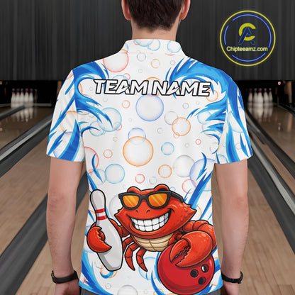 White & Blue Bubbles Funny Crab Bowling Polo Quarter-Zip Shirt For Men Custom Bowling Team Shirt NYN3977