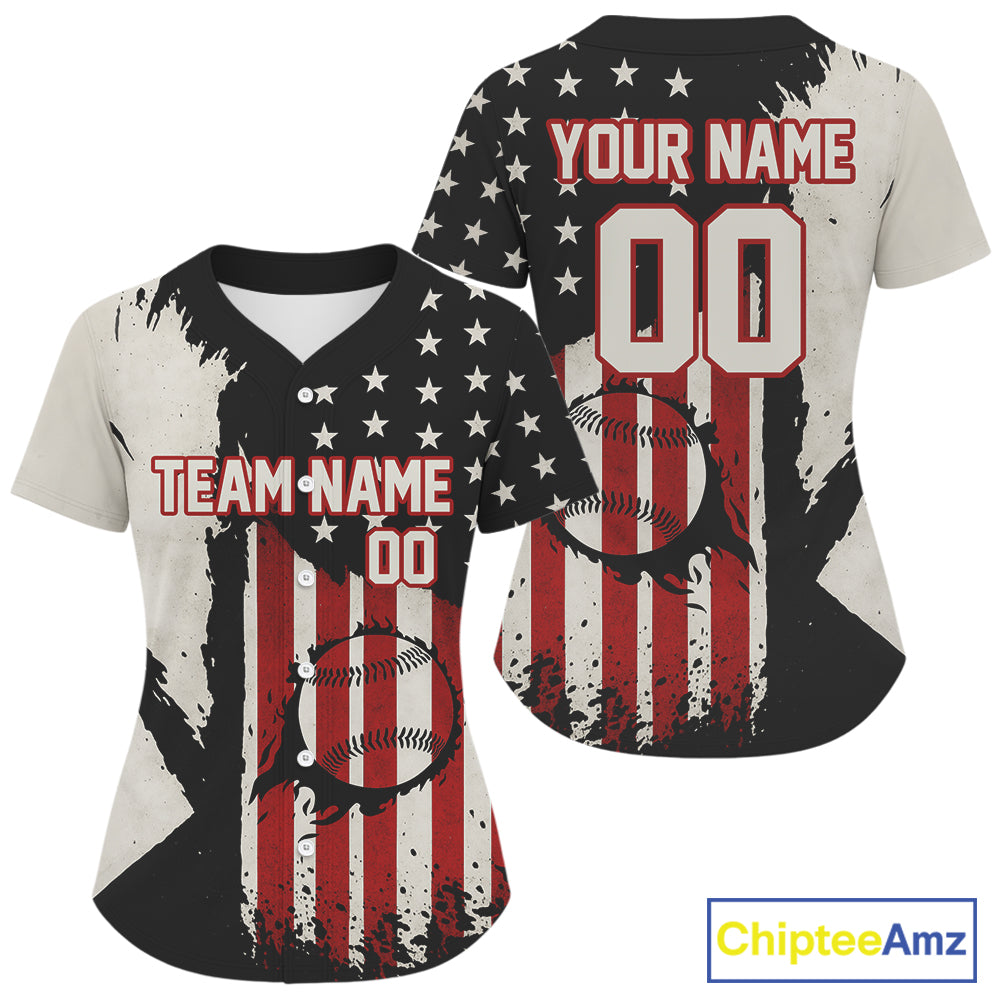 Custom Black Red USA Flag Baseball Shirt For Women Patriotic Baseball Jerseys NYN1598