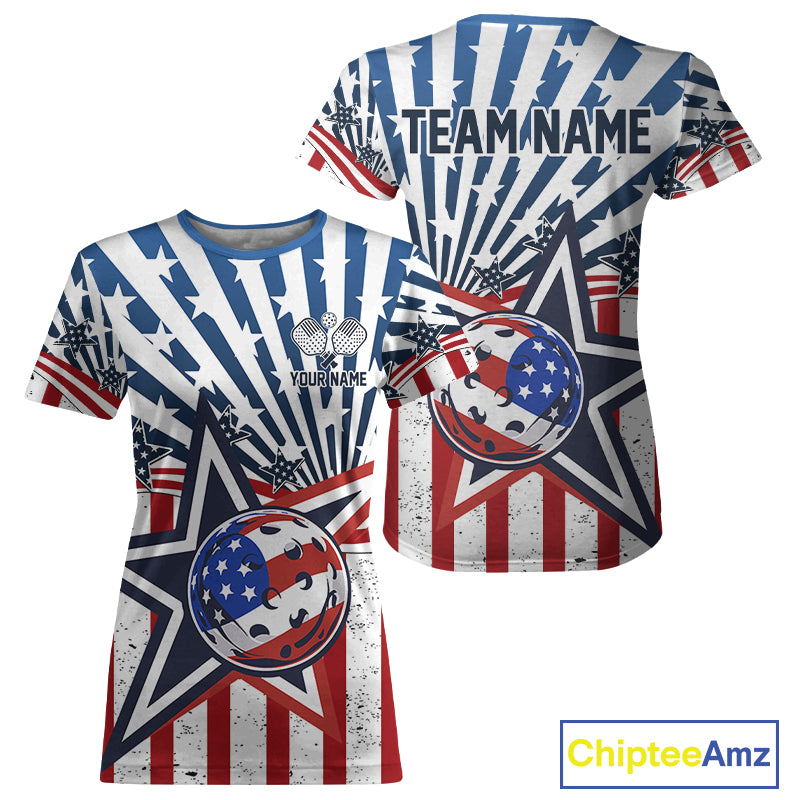 Custom USA Flag Patriotic Pickleball Ball T-Shirt For Women Grunge Pickleball Jerseys NYN1602