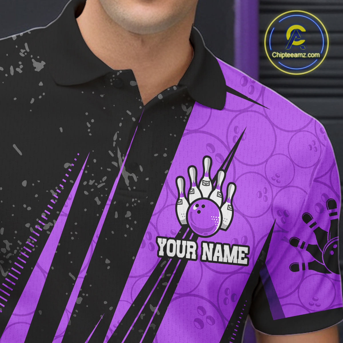 Black And Purple Camo Bowling Polo 1/4 Zip Shirts Custom Team Bowling Jerseys For Men NYN4758