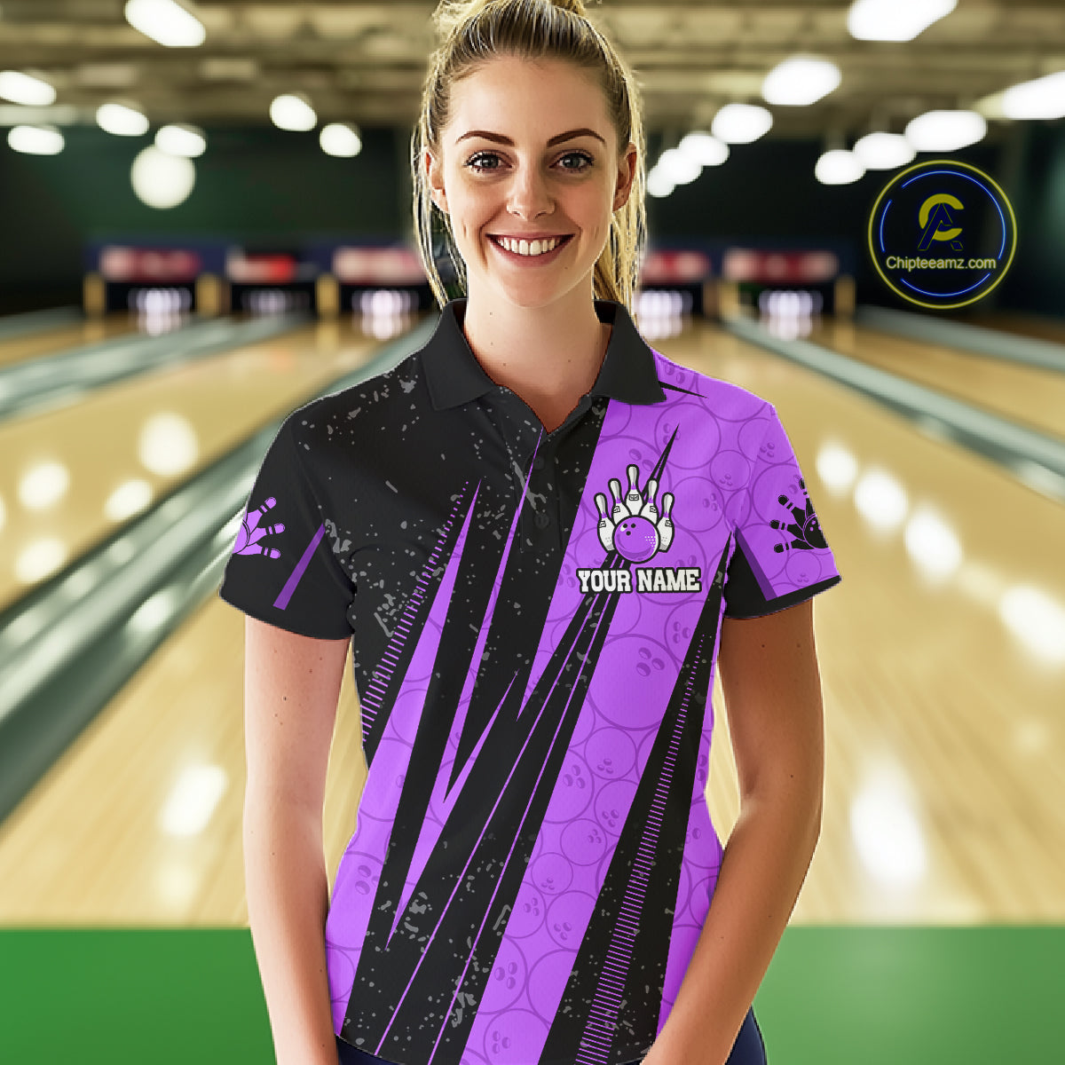 Black And Purple Camo Bowling Polo 1/4 Zip Shirts Custom Team Bowling Jerseys For Women NYN4758