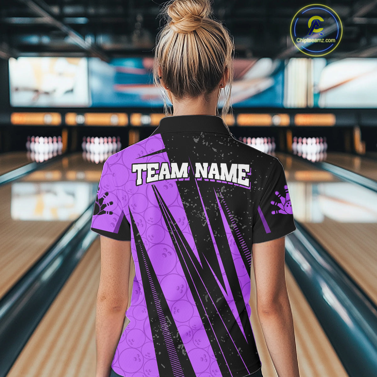Black And Purple Camo Bowling Polo 1/4 Zip Shirts Custom Team Bowling Jerseys For Women NYN4758