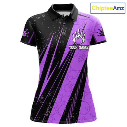 Black And Purple Camo Bowling Polo 1/4 Zip Shirts Custom Team Bowling Jerseys For Women NYN4758