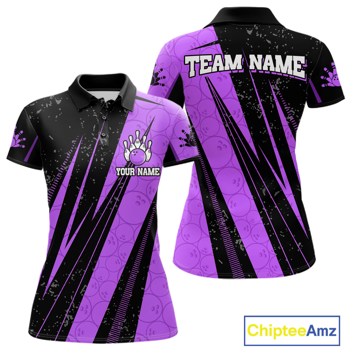 Black And Purple Camo Bowling Polo 1/4 Zip Shirts Custom Team Bowling Jerseys For Women NYN4758