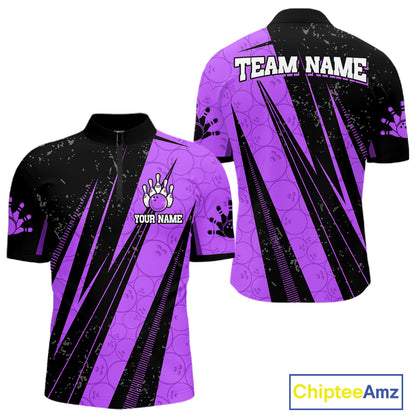 Black And Purple Camo Bowling Polo 1/4 Zip Shirts Custom Team Bowling Jerseys For Men NYN4758