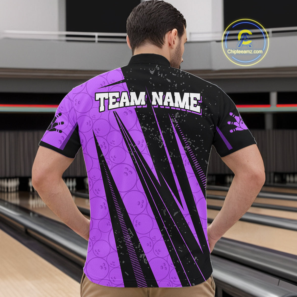 Black And Purple Camo Bowling Polo 1/4 Zip Shirts Custom Team Bowling Jerseys For Men NYN4758