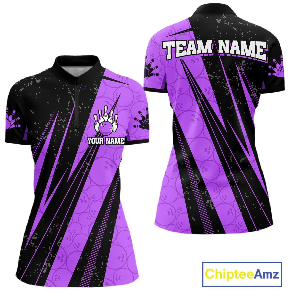 Black And Purple Camo Bowling Polo 1/4 Zip Shirts Custom Team Bowling Jerseys For Women NYN4758