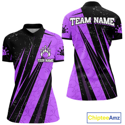 Black And Purple Camo Bowling Polo 1/4 Zip Shirts Custom Team Bowling Jerseys For Women NYN4758