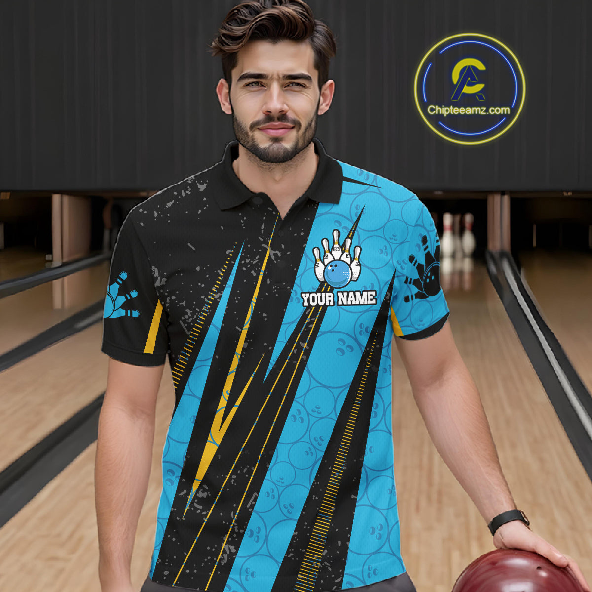 Black, Yellow And Blue Camo Bowling Polo 1/4 Zip Shirts Custom Team Bowling Jerseys For Men NYN4759