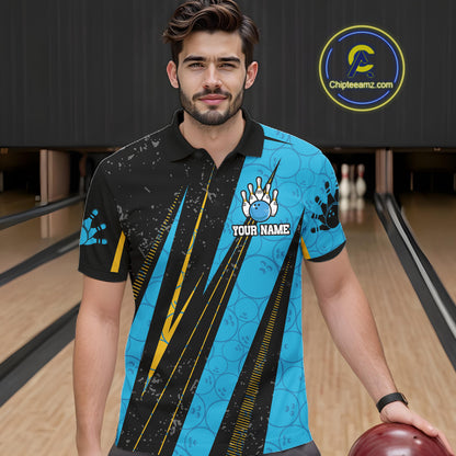 Black, Yellow And Blue Camo Bowling Polo 1/4 Zip Shirts Custom Team Bowling Jerseys For Men NYN4759