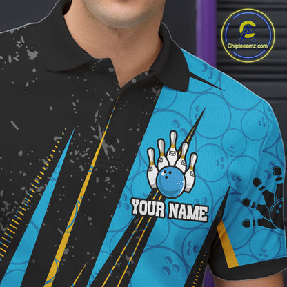 Black, Yellow And Blue Camo Bowling Polo 1/4 Zip Shirts Custom Team Bowling Jerseys For Men NYN4759