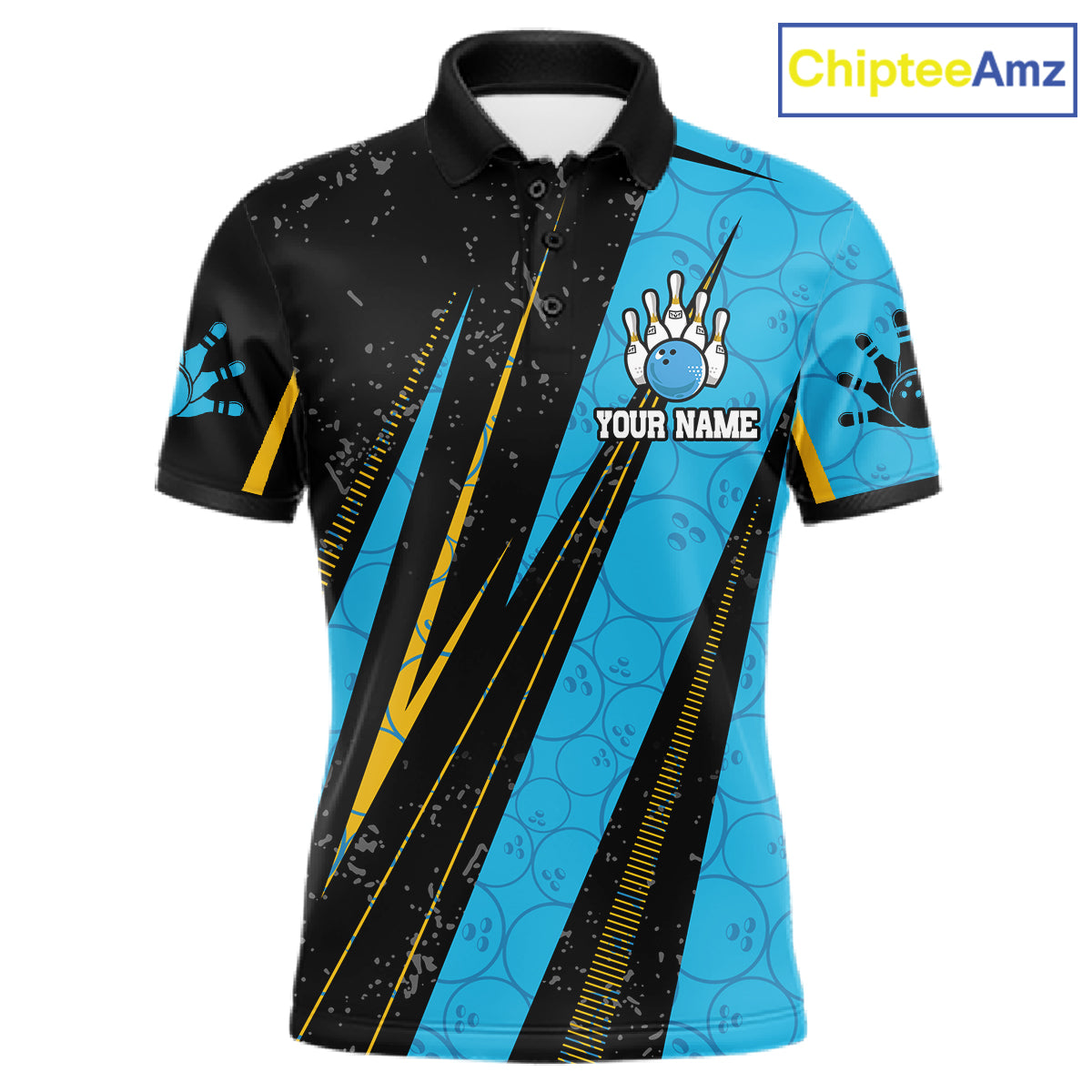 Black, Yellow And Blue Camo Bowling Polo 1/4 Zip Shirts Custom Team Bowling Jerseys For Men NYN4759
